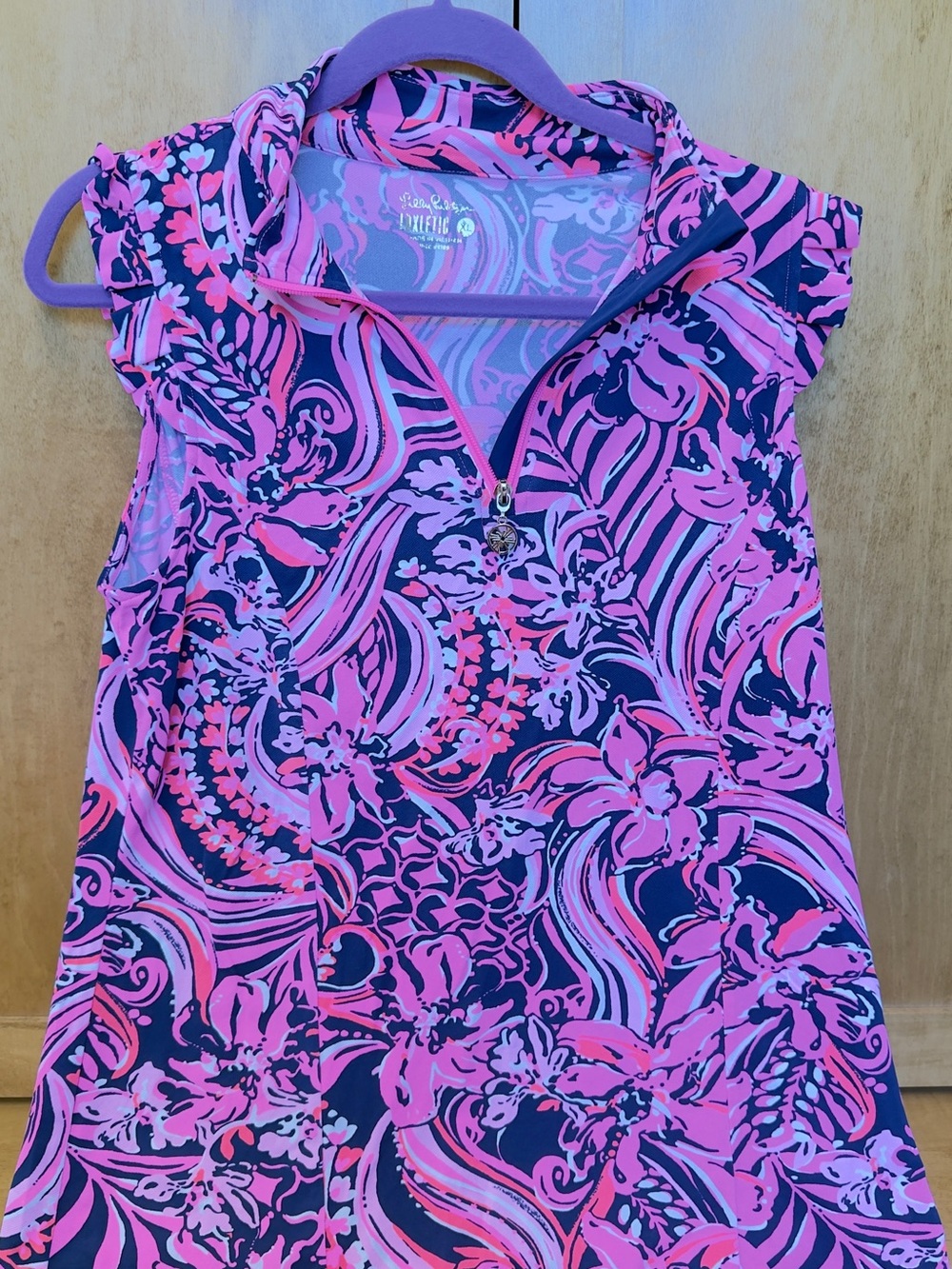 Lilly Pulitzer Navy & Pink Floral Zip Sleeveless Polo